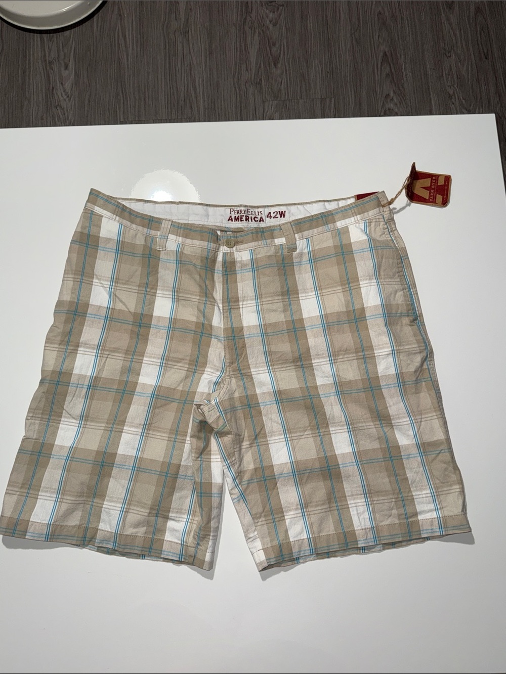 Perry Ellis Tan and Blue Plaid Flat Front Shorts